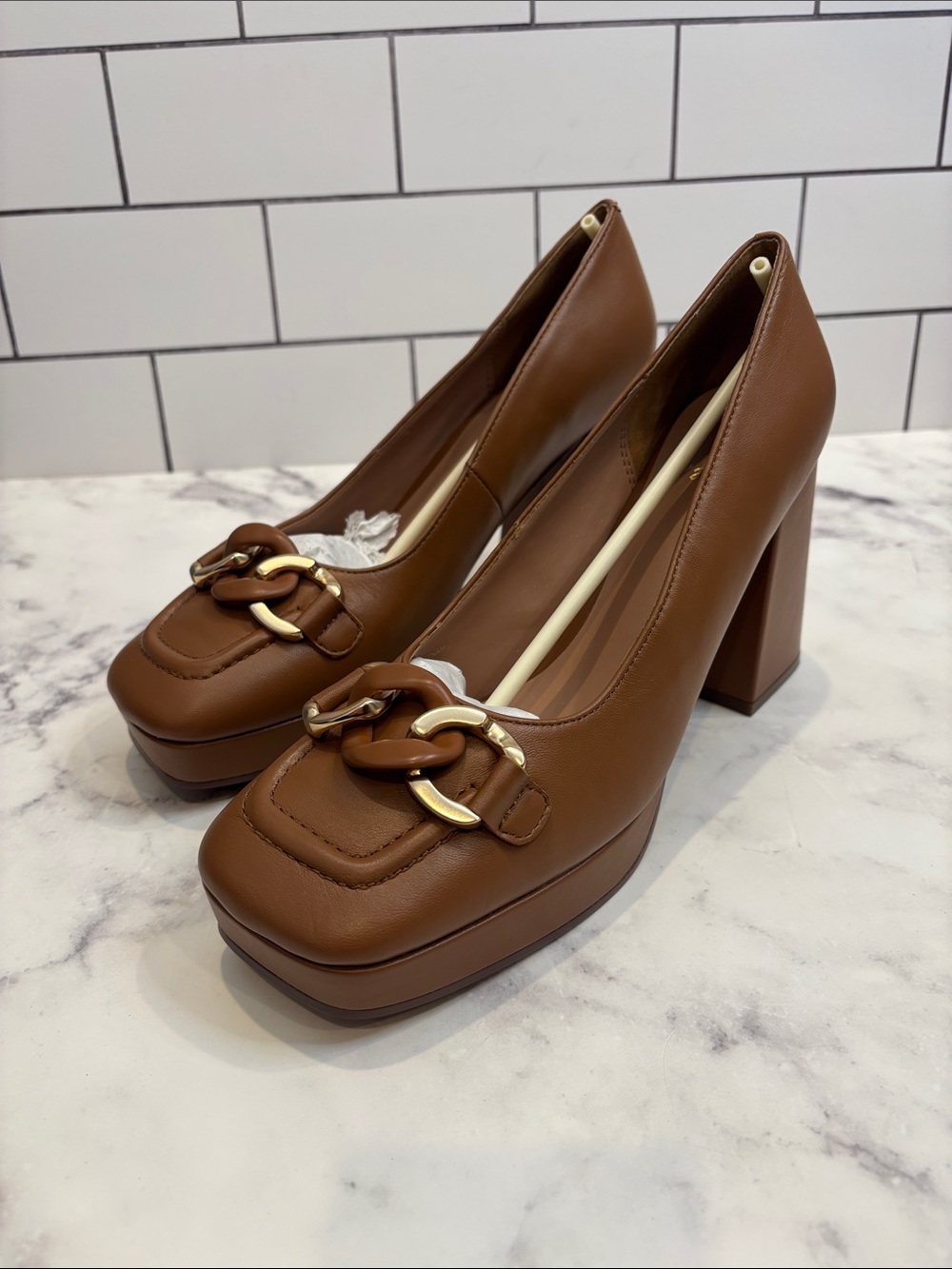 Paolo Brown Platform Block Heel Pumps with Gold Chain Accent